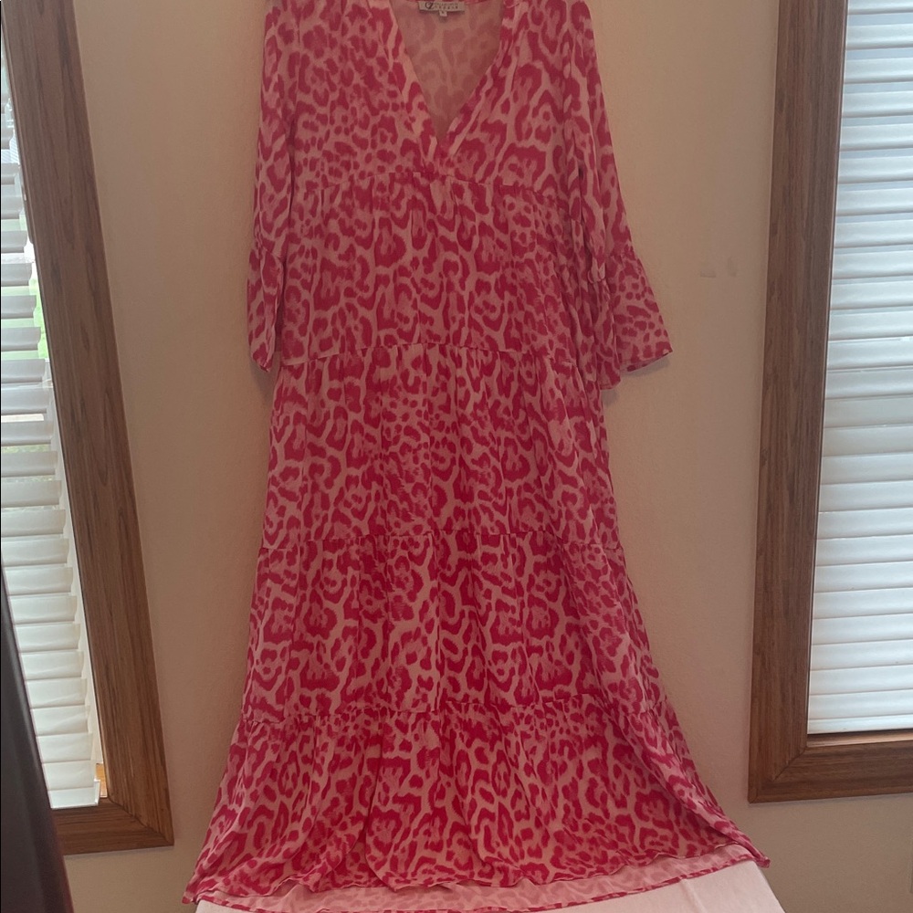 C/Z Cezele Collection full length flowing dress of Pink and White Leopard print.